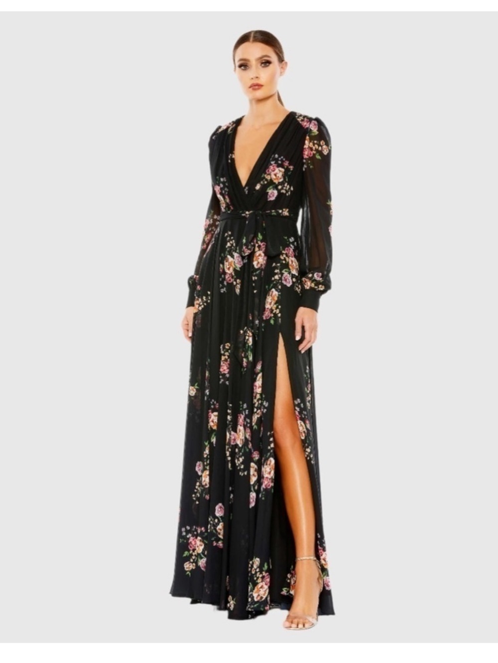 Mac Duggal Black Floral V-Neck Maxi Dress with Pink & Green Accents